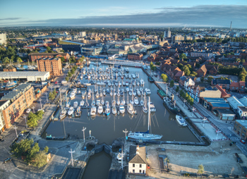 overview shot of Hull boats and water square